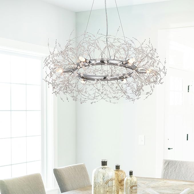Macarena Modern Crystal Chandelier Dining Room Light Fixtures Silver Firework,Chrome Large Round Pendant Hanging Lighting for Bedroom Living Room Entryway Closet Bathroom Kitchen