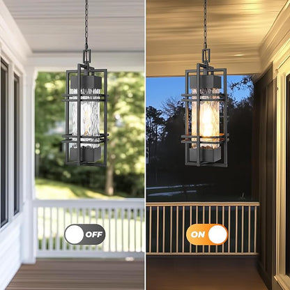 WIHTU Large Outdoor Pendant Light Fixture, Modern Hanging Lantern Ceiling Mount, Anit-Rust Waterproof Chandelier Lighting Exterior with Stone Bubble Glass for Porch, Garage, Gazebo, Patio