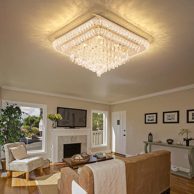 Miuyhji Elegant LED Crystal Raindrop Ceiling Light,24 Inch Square Gold Flush Mount Chandelier Light Fixture,Remote/APP, for Living Room Kitchen Dining Room Bedroom Hallway Entryway Foyer (Dimmable)