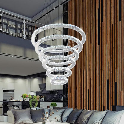 Dimmable Crystal LED Chandelier(3000-6500K) for High Ceiling – Remote Control, Adjustable Height, Modern Stainless Steel Fixture for Foyer, Staircase, Living Room(Chrome 6-Ring)