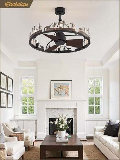 Fanbulous 30 Inch Farmhouse Rustic Ceiling Fan with Light and Remote, Black Chandelier Fan with Bear and Deer Design,Summer Sand Beach Design,Rustic Chandeliers for Living Room, Bedroom