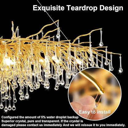 Crystal Chandelier for Dining Room - 31in Modern Farmhouse Crystal Gold Chandelier, Raindrop Tree Branch Chandeliers for Living Room, Bedroom, Entryway, Foyer, High Ceiling(Bulb not Included)