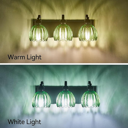 3-Light Black Vanity Lights with Green Tulip Glass Shade, Bathroom Lighting Fixture Over Mirror, Vintage Vanity Wall Sconce Lamp for Kitchen Living Room Hallway