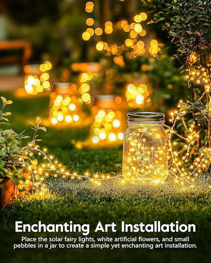 120LED 10FT Solar Fairy Lights Outside Waterproof, 8 Lighting Modes IP65 Outdoor Solar String Lights Outdoor Waterproof Firecracker Twinkle Light for Patio Yard Garden Party Decorations, Warm White