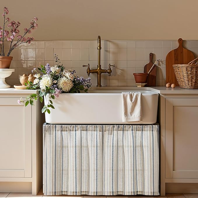 jinchan Colorful Striped Linen Kitchen Curtains 24 Inch Tier Curtains Farmhouse Modern Cafe Small Window Treatments Light Filtering Rod Pocket for Living Room Bathroom 2 Panels Multi Blue