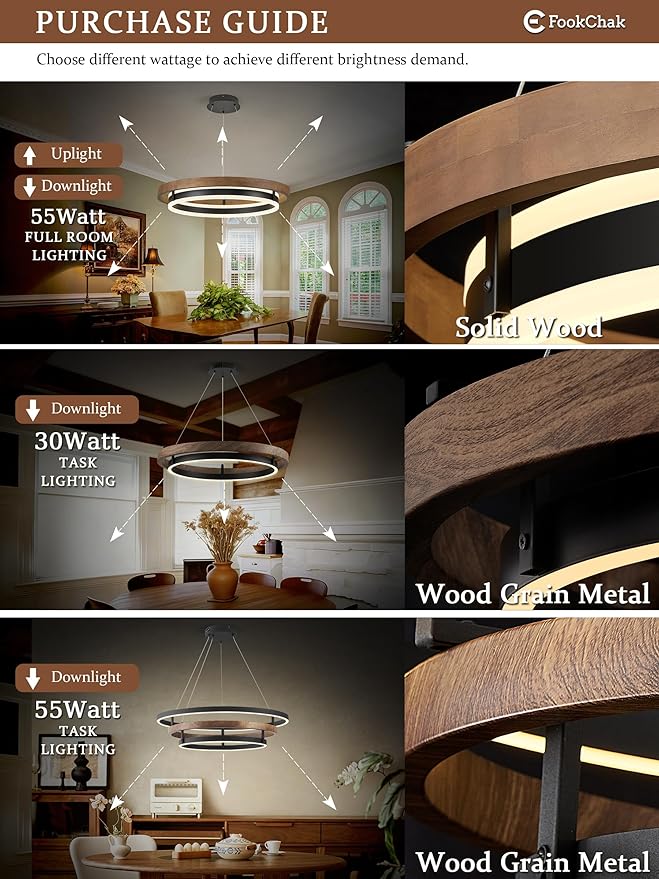 LED Ring Chandelier 24in Solid Gold Oak Wood Chandeliers Dimmable Black Chandeliers Modern Round Chandelier Light for Living Room Dining Room Kitchen Island Bedroom Entry