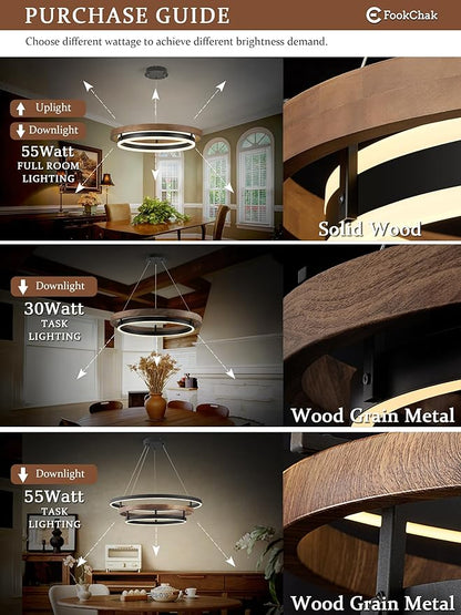 LED Ring Chandelier 24in Solid Gold Oak Wood Chandeliers Dimmable Black Chandeliers Modern Round Chandelier Light for Living Room Dining Room Kitchen Island Bedroom Entry