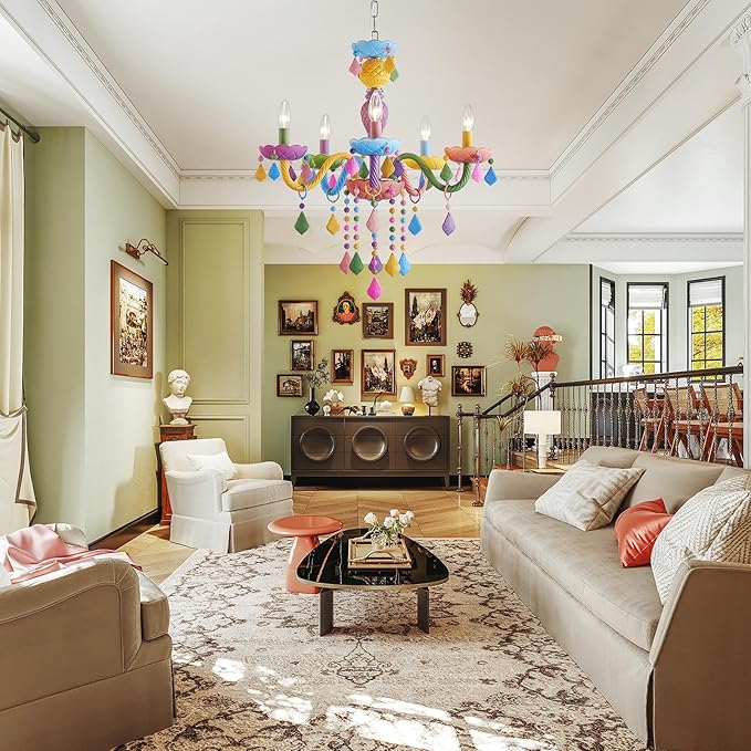 5-Lights Children Chandeliers, Modern Candy Design, Colorful Crystal Chandeliers for Bedroom, Dining Room, D22.8'' × H33.5'', Adjustable Height (33.5"~70.9"), Youth Color & Chrome Finish Frame