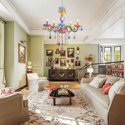 5-Lights Children Chandeliers, Modern Candy Design, Colorful Crystal Chandeliers for Bedroom, Dining Room, D22.8'' × H33.5'', Adjustable Height (33.5"~70.9"), Youth Color & Chrome Finish Frame