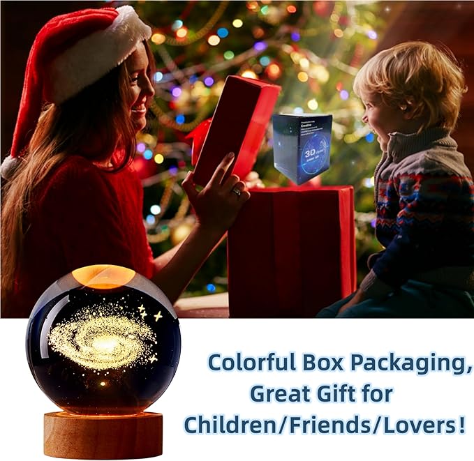 3.15 inch Galaxy Crystal Ball lamp,3D Solar System Crystal Ball Night Light with Wooden Base,16 Colors Change with Remote Control,Clear Glass Planet Light,Birthday Gift for Friends (Galaxy)
