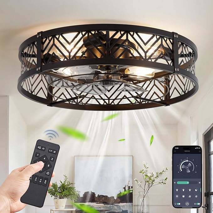 LEDIARY 23" Caged Ceiling Fan with Light, Large Flush Mount, App&Remote Control, Low Profile Bladeless Fan Light Fixture 6 Speed, Reversible and Quiet Motor-Black