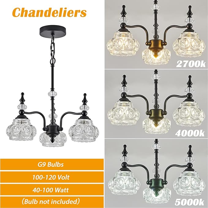 Modern 3-Light Chandeliers Black Kitchen Island Pendant Light for Farmhouse Living Room Bedroom Hotel