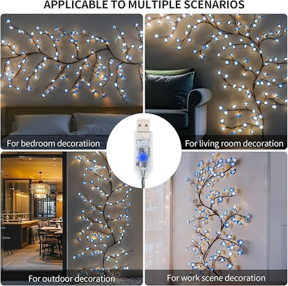 FNHMSL Cherry Enchanted Willow Vine Lights, 4FT 48LED Blue Cherry Blossom Tree Branch Lights for Wall with USB Battery Box,Remote Timer,8 Light Model, Indoor Bedroom Wall Doors Wedding, Christmas