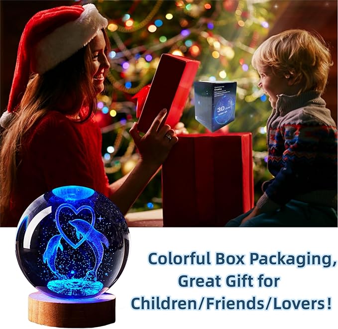 Dolphin Crystal Ball Lamp,3D 3.15 inch K9 Crystal Ball Night Light with Wooden Base Lamp for Room,Dolphin Light Gift,16 Colors Change with Remote Control (D)