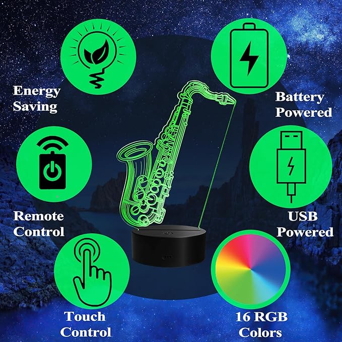 Saxophone Night Light, 3D Illusion Lamp with Remote Control, 16 RGB Colors, 4 Flashing Modes, Timer, Dimmable, Saxophone Accessories Toys Decor for Holiday Birthday Christmas