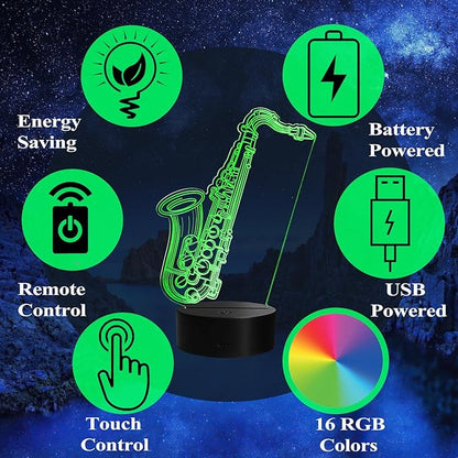 Saxophone Night Light, 3D Illusion Lamp with Remote Control, 16 RGB Colors, 4 Flashing Modes, Timer, Dimmable, Saxophone Accessories Toys Decor for Holiday Birthday Christmas