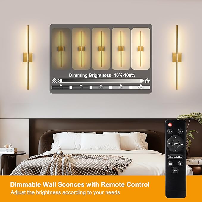 Morauroral Gold Battery Operated Wall Sconces, Dimmable Wall Sconces with Remote Control, Rechargeable Sconces Wall Lighting, 24″ LED Wireless Wall Lights for Bedroom, Living Room, Bathroom, Hallways