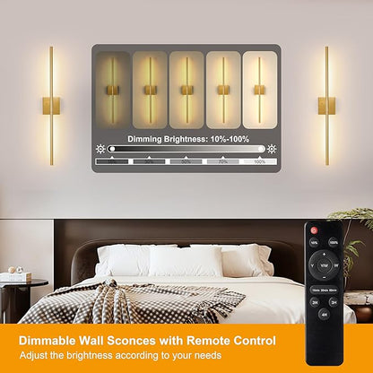 Morauroral 40″ Gold Battery Operated Wall Sconces Set of Two, Dimmable Wall Sconces with Remote Control, Rechargeable Sconces Wall Lighting, LED Wireless Wall Lights for Bedroom, Living Room, Bathroom