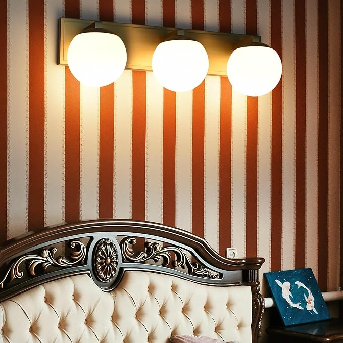 Gold Bathroom Vanity Light Fixtures, 3-Light Globe Bathroom Lighting Fixtures Over Mirror, Modern Wall Lights for Living Room, Long Backplate, Standard E26 Base, Aged Brass