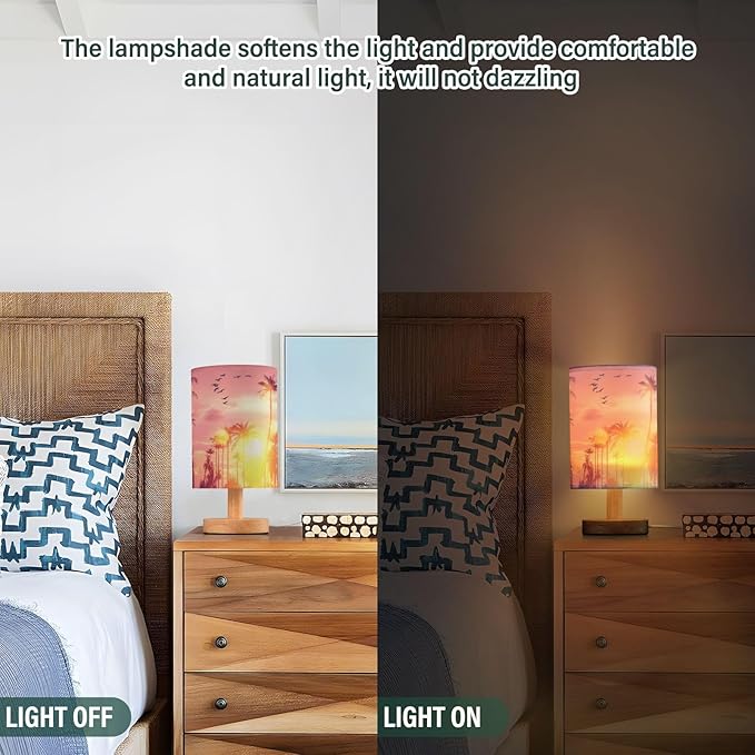 Bedside Table Lamp Tropical Palm Tree Sun Sunset Sky Birds Nightstand Lamp with Wood Desk Lamps for Bedroom Living Room Nursery Office Home Decor