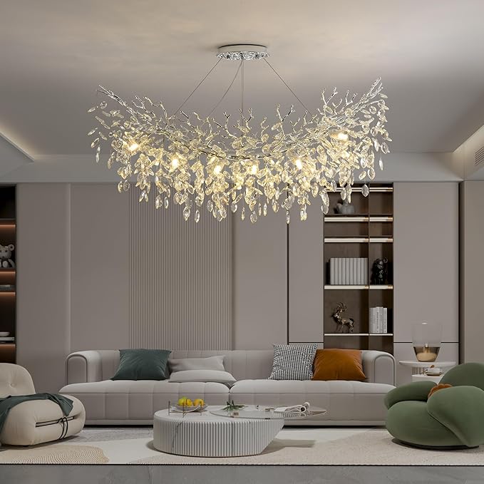 Rectangle Crystal Tree Branch Chandelier, L47.3'' Mpdern Luxury Chrome Linear Art Deco Raindrop Pendant Lighting Fixture for Kitchen Island Foyer Living Room Dining Room 14 Lights