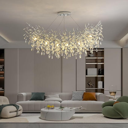 Rectangle Crystal Tree Branch Chandelier, L47.3'' Mpdern Luxury Chrome Linear Art Deco Raindrop Pendant Lighting Fixture for Kitchen Island Foyer Living Room Dining Room 14 Lights