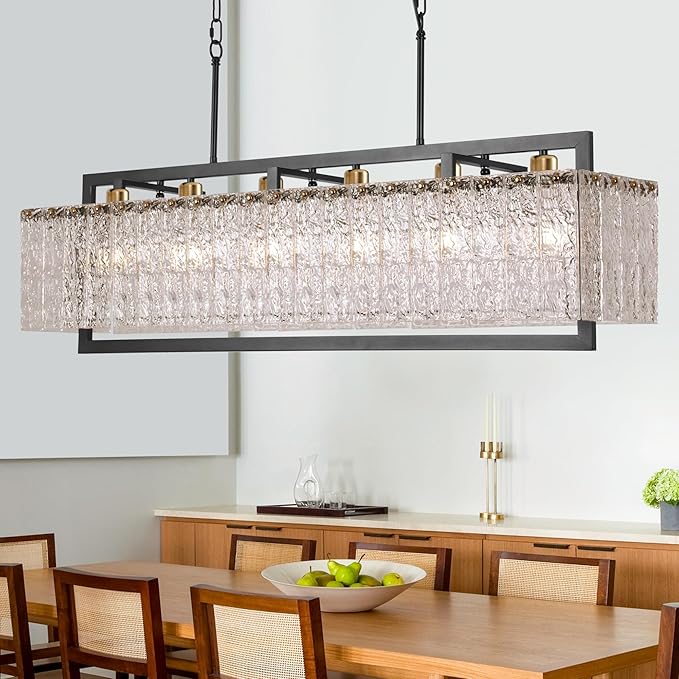 Modern Black Crystal Chandelier for Dining Room, 42" Hanging Light Fixture,Water Ripple Glass Design, Adjustable Height, Rectangle Chandelier for Living Room Kitchen Island