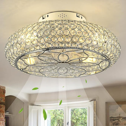 Caged Crystal Ceiling Fans with Lights and Remote,20" Flush Mount Low Profile Ceiling Fan with Light,6 Speed Enclosed Ceiling Fan with Reversible Motor for Bedroom Kitchen Living Room