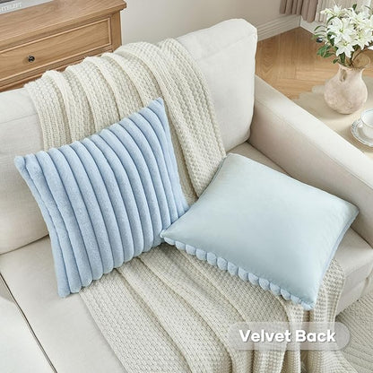 FUTEI Pack of 2 Solid Faux Fur Plush Throw Pillow Covers 18x18 Inch Soft Fluffy Striped Decorative Cushion Cases Modern Farmhouse Accent for Couch Bed Living Room, Light Blue