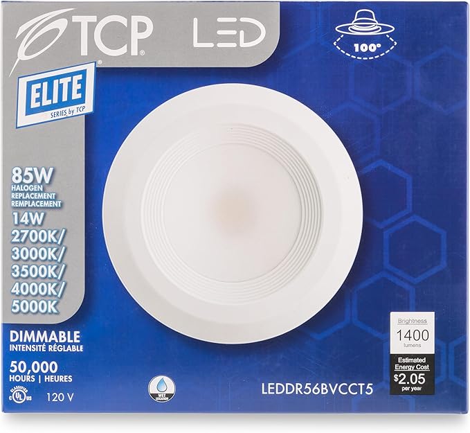 TCP LEDDR56BVCCT5 5/6 Inch LED Beveled Downlight - 50,000 Hour Life, Selectable CCT 27K-50K, 1400 Lumens, 14W, TRIAC Dimmable, E26 Adapter, UL Approved for Damp Locations, Easy Install Ceiling Light