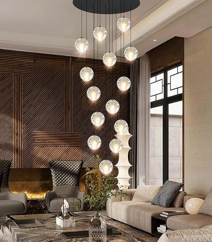 HAIXIANG 14-Lights Modern Chandelier Bubble Crystal 118" Long Lights for Living Room Entrance Foyer Sloped High Ceiling Spiral Pendant Lighting Warm Light Bulbs Black Lights