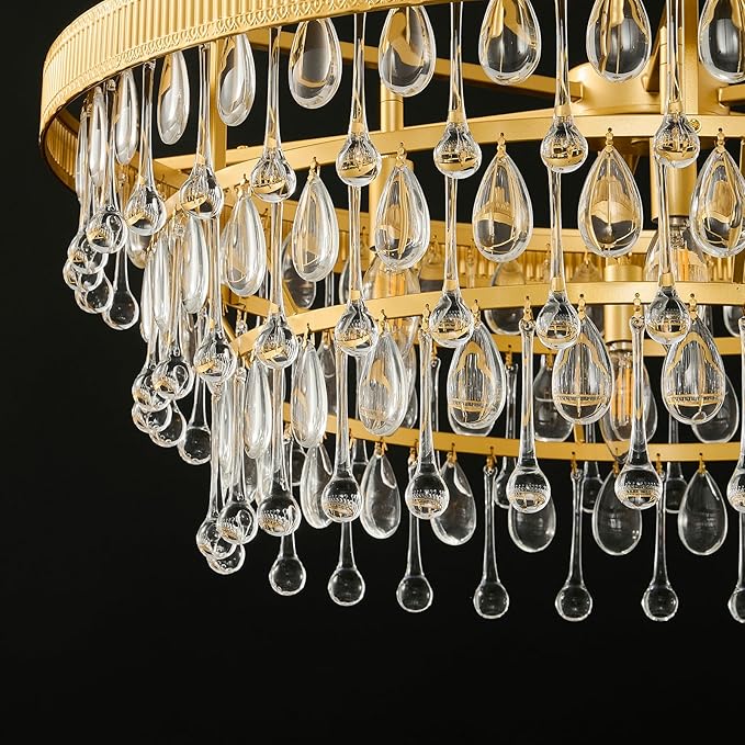 Gold Modern Raindrop Crystal Chandelier: 28" Round K9 Crystals 6-Light Contemporary Chandeliers for Dining Room Lights over Table - 3 Tiers Light Adjustable for Bedroom Living Kitchen Entryway Foyer