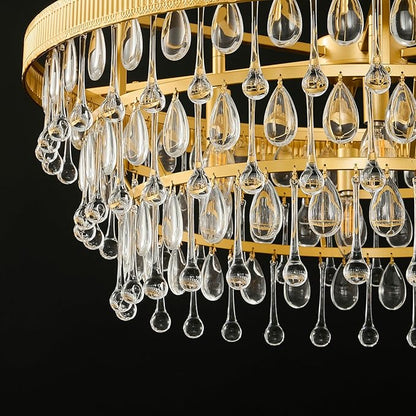Gold Modern Raindrop Crystal Chandelier: 28" Round K9 Crystals 6-Light Contemporary Chandeliers for Dining Room Lights over Table - 3 Tiers Light Adjustable for Bedroom Living Kitchen Entryway Foyer