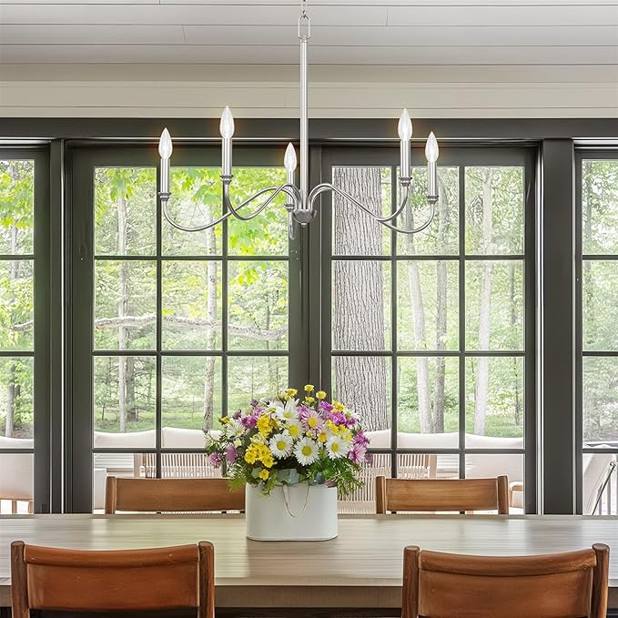 Kira Home Archer 28" 5-Light Farmhouse Chandelier, Brushed Nickel Ceiling Fixture with Elegant Curved Swoop Arms, Brushed Nickel Finish