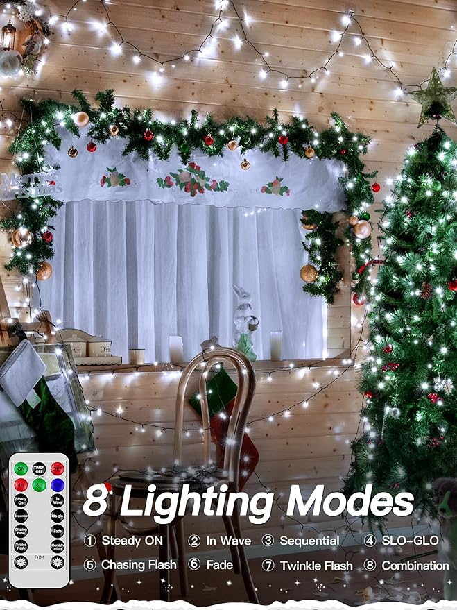 Guhope Christmas Lights 66FT 200 LED, Christmas Tree Light with 8 Lighting Modes, Outdoor Waterproof String Lights with Remote and Timer, Fairy Light for Holiday Decor (Cool White)