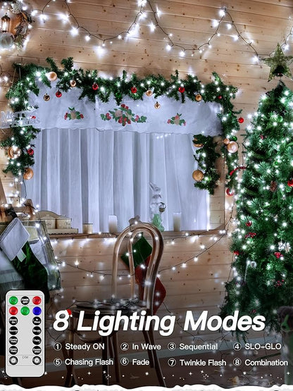 Guhope Christmas Lights 66FT 200 LED, Christmas Tree Light with 8 Lighting Modes, Outdoor Waterproof String Lights with Remote and Timer, Fairy Light for Holiday Decor (Cool White)