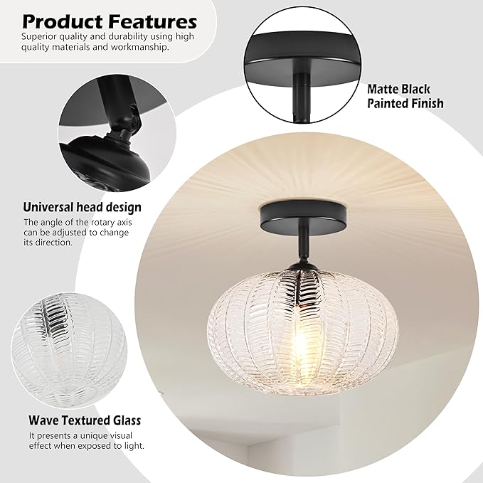 Bagood Black Semi Flush Mount Ceiling Lights Fixture Farmhouse Globe Glass Mid Century Light Fixtures Textured Glass Hallway Lights Fixtures Vintage Ceiling Light for Bathroom Entryway(Bulb Incl.)