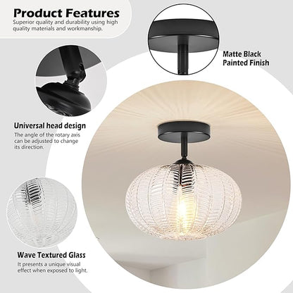 Bagood Black Semi Flush Mount Ceiling Lights Fixture Farmhouse Globe Glass Mid Century Light Fixtures Textured Glass Hallway Lights Fixtures Vintage Ceiling Light for Bathroom Entryway(Bulb Incl.)