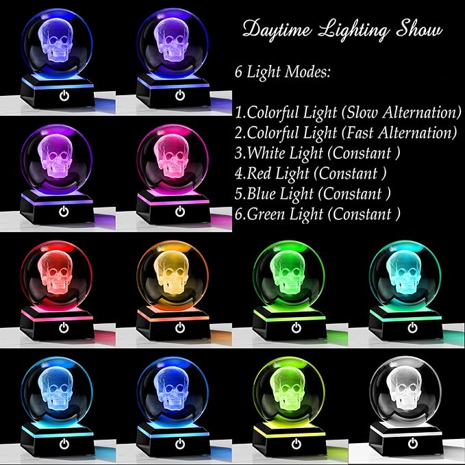 Qianwei 3D Crystal Skull Decor- 80MM Halloween Skull Light Witch Figurines Occult Medieval Goth Satanic Home Desk Glass Skull Decor Witchy Gifts Horror Statue