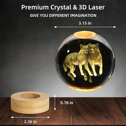 3D Wolf Crystal Ball Night Light - 3.15 Inch Glass Lamp With 16 Color LED Wooden Base, Statue Decor for Birthday, Holiday, Christmas Gifts