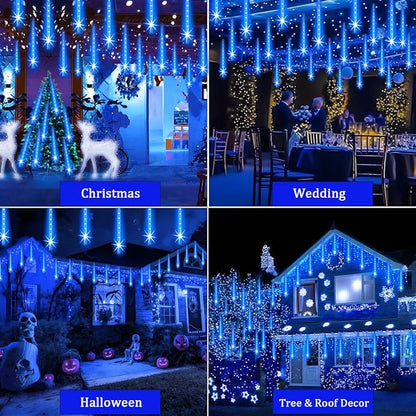 Adecorty Outdoor Christmas Lights Meteor Shower Light UL Certified 8 Tubes 192 LED Snow Falling Rain Drop Light Dripping Icicle String Lights for Christmas Tree Decorations Xmas Wedding Party, Blue
