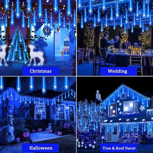 Adecorty Outdoor Christmas Lights Meteor Shower Light UL Certified 8 Tubes 192 LED Snow Falling Rain Drop Light Dripping Icicle String Lights for Christmas Tree Decorations Xmas Wedding Party, Blue