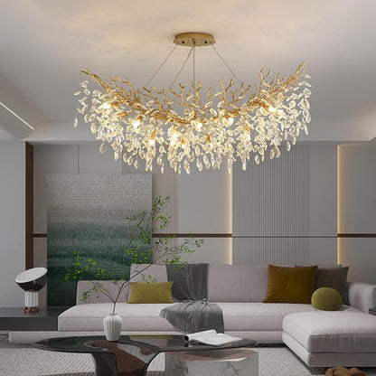 Rectangle Crystal Tree Branch Chandelier, L40'' Modern Luxury Gold Linear Art Deco Raindrop Pendant Lighting Fixture for Kitchen Island Foyer Living Room Dining Room 10 Lights