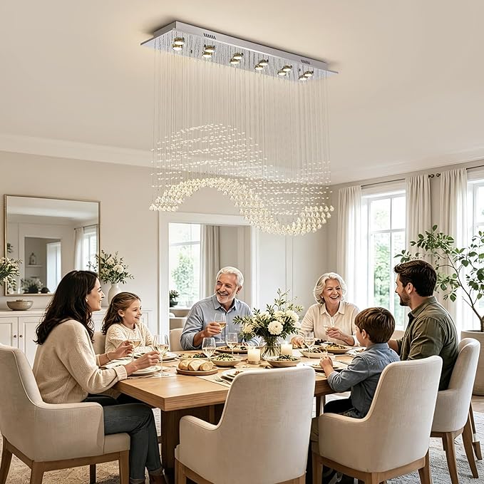 Siljoy Rectangle Wave Raindrop Chandelier for Dining Room, 12 Light Modern Rectangular Flush Mount Crystal Pendant Ceiling Light for Living Room Kitchen L47'' x W11.8'' x H40''