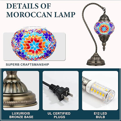 Marrakech Stained Glass Lamp Moroccan Lamps with Tiffany Style, Handmade Turkish Mosaic Lamps with Swan Neck Bronze Base Including LED Bulb for Living Room Bedroom Decor (Colorful2)