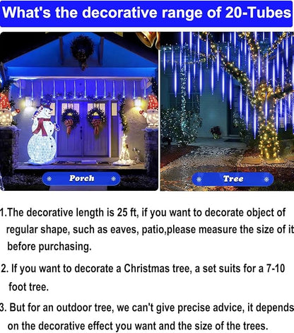 EAGWELL Christmas Lights Outdoor 16 Inch Meteor Shower Rain String Lighting, 20 Tube 960 LEDs Icicle Tree String Decor for Halloween Yard Party Patio Xmas Decoration,Blue
