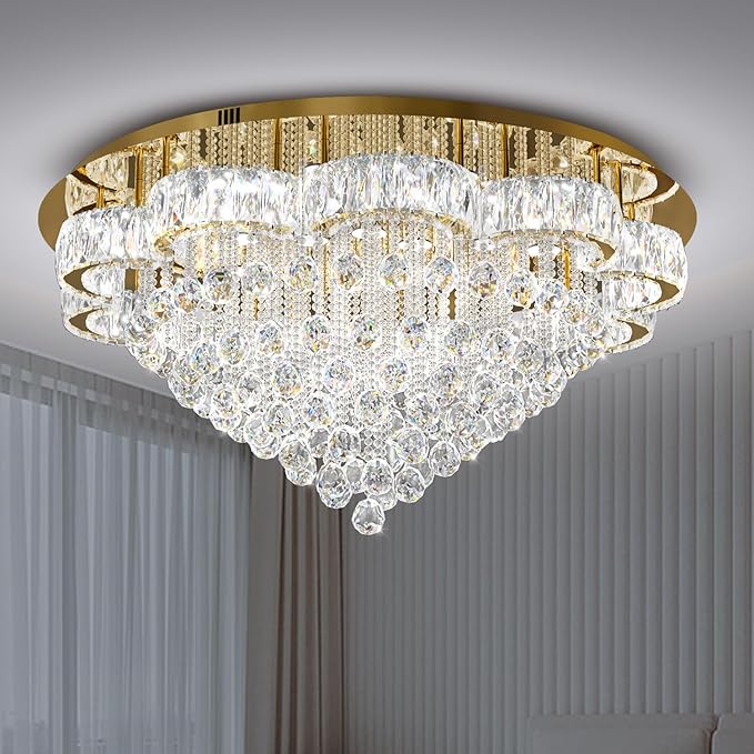 Flashing God 40inches Gold Chanderliers for Living Room Crystal Chandelier Ceiling Light Fixture Raindrop Pendant Light for Foyer Dining Room Hallway Bedroom LED Dimmable Lighting 2700k 4500k 6000k