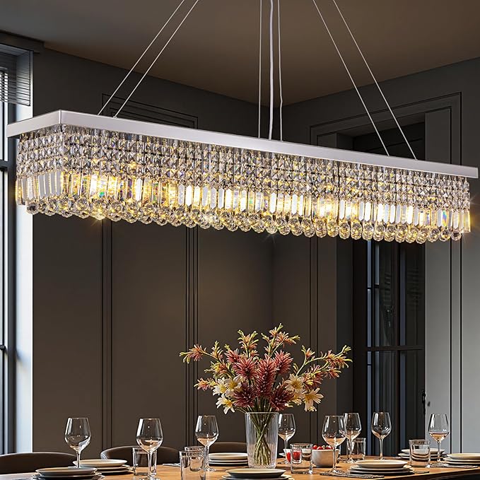59-inch Modern Crystal Chandelier,13-Light K9 Crystal Rectangle Chandelier for Dining Room,Kitchen Island Adjustable Hanging Pendant Light Fixture,Chrome Finish