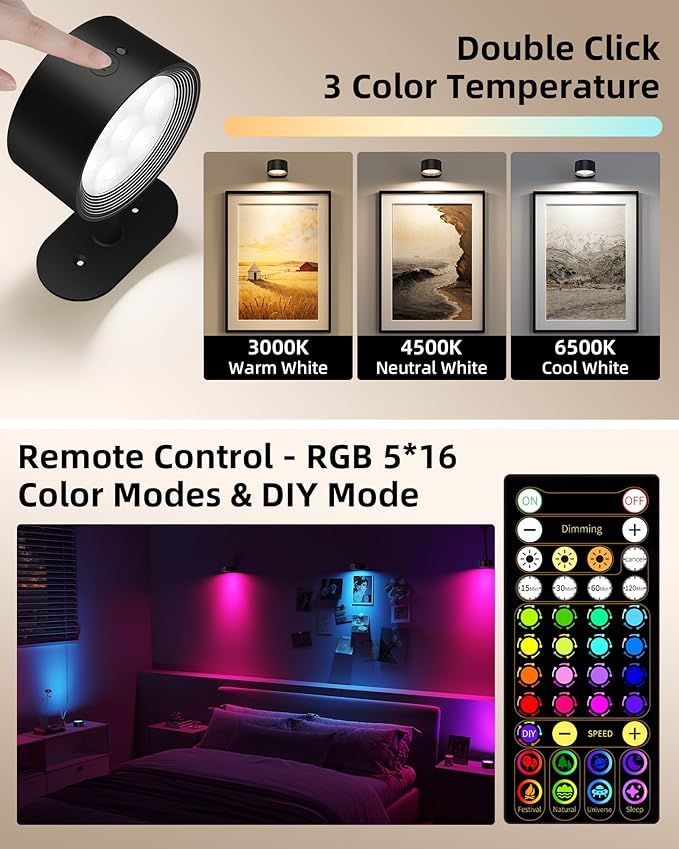 Picture Lights for Wall, 2000mAh Rechargeable Magnetic Art Lights with 3 Color Temps & RGB, Remote Dimmable Battery Operated Wall Light for Bedroom, Living Room, Gallery (Black, 6 Pack)