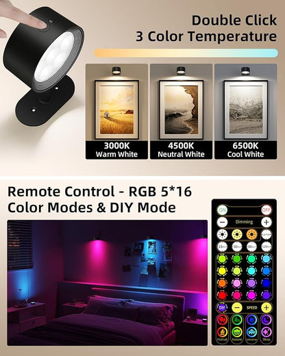 Picture Lights for Wall, 2000mAh Rechargeable Magnetic Art Lights with 3 Color Temps & RGB, Remote Dimmable Battery Operated Wall Light for Bedroom, Living Room, Gallery (Black, 3 Pack)